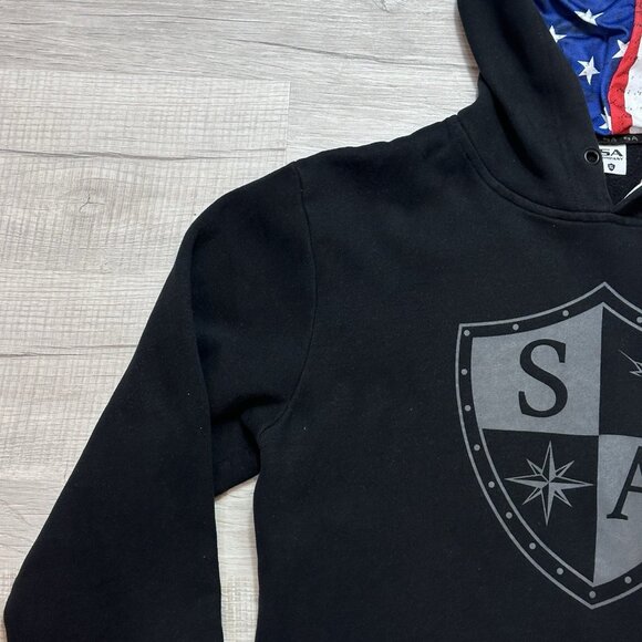 Men's Black Hoodie Fishing SA Co Classic American Flag Shield Size XL EUC - Picture 6 of 9
